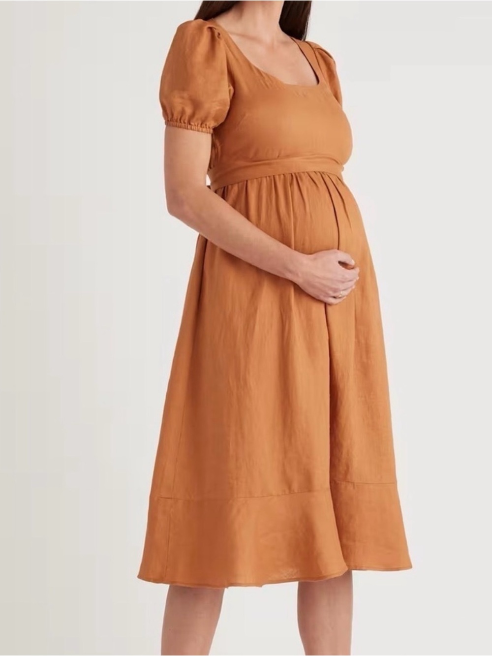 Square-Neck Puff Sleeve Maternity Midi Dress in Rust - belt included